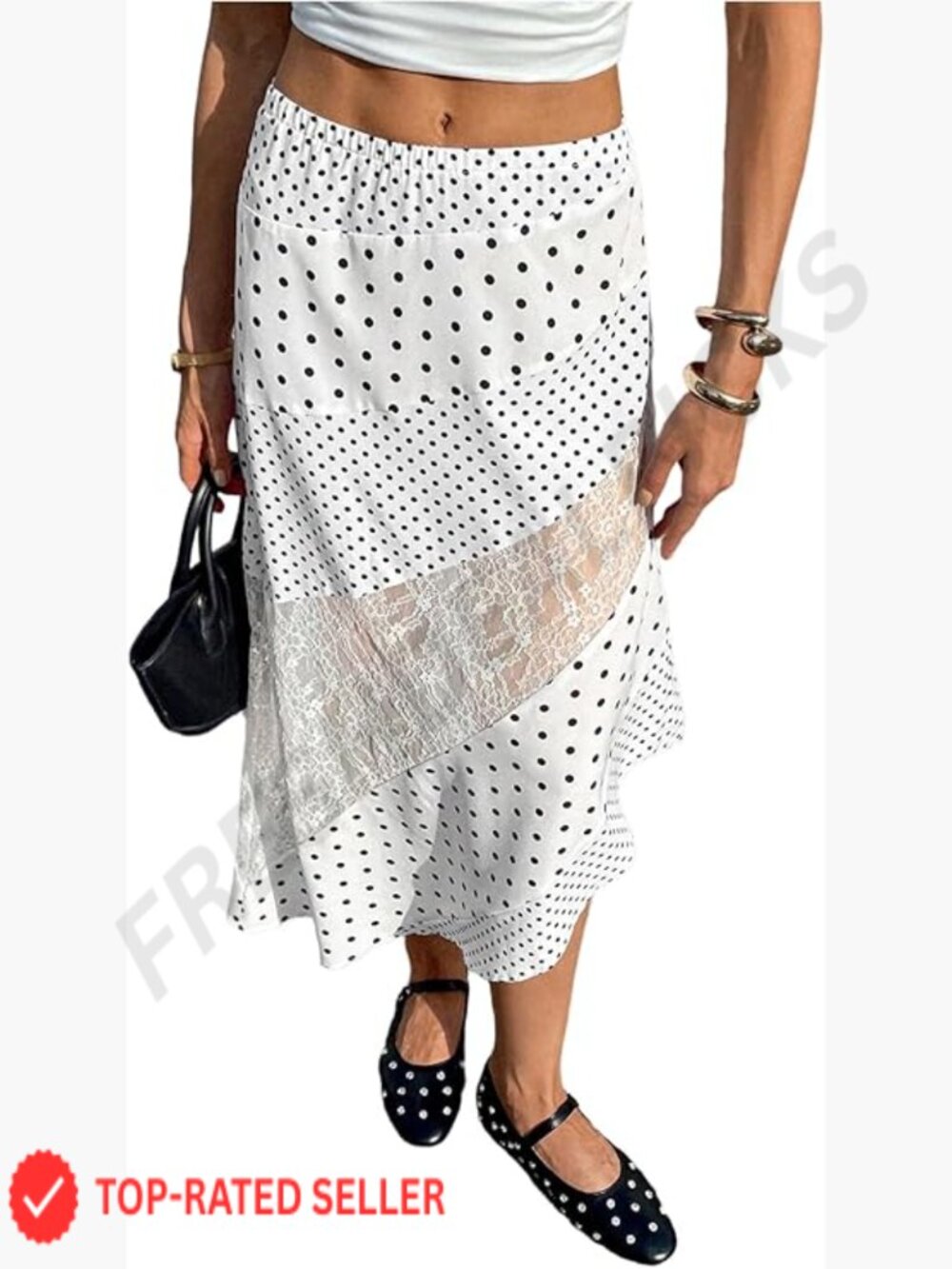 Polka Dot Lace-Trim Midi Skirt - White